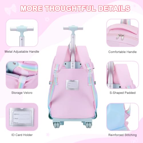 Scothen Rolling Backpack for Girls, Girls Backpack Set with Lunch Box & Pencil Pouch for Teen Girl Kids Children Elementary Middle School, Bookbag Daypack Laptop Travel Backpack with Wheels - color: Pink Blue