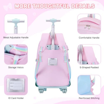 Scothen Rolling Backpack for Girls, Girls Backpack Set with Lunch Box & Pencil Pouch for Teen Girl Kids Children Elementary Middle School, Bookbag Daypack Laptop Travel Backpack with Wheels - color: Pink Blue