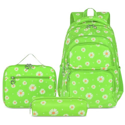 Glodwheat Daisy Printed Backpack For Girls- 3Pc Set With Lunch Box & Pencil Case, Lightweight Water-Resistant Bookbag For Elementary School - color: Grass-green