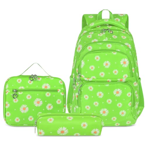 Glodwheat Daisy Printed Backpack For Girls- 3Pc Set With Lunch Box & Pencil Case, Lightweight Water-Resistant Bookbag For Elementary School - color: Grass-green