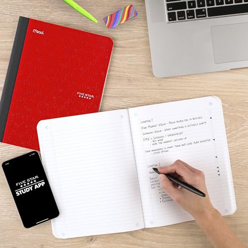 Five Star Composition Book + Study App, 4 Pack, College Ruled Paper, 7-1/2" x 9-3/4", 80 Sheets, Forest Green, Pacific Blue, Fire Red and Black (850065B-ECM) - size: 4 Pack, style: College Ruled