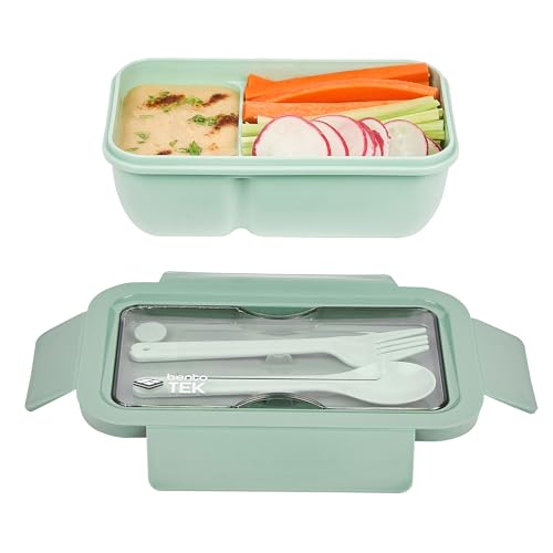 Restaurantware-Bento Tek 28.7 Ounce Bento Box, 1 Reusable Lunch Container - With Fork And Spoon, Does Not Contain BPA, Green Plastic Reusable Lunch Box, Microwavable, Dishwashable - size: 1 Count, style: 29 oz - Green