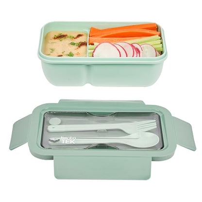 Restaurantware-Bento Tek 28.7 Ounce Bento Box, 1 Reusable Lunch Container - With Fork And Spoon, Does Not Contain BPA, Green Plastic Reusable Lunch Box, Microwavable, Dishwashable - size: 1 Count, style: 29 oz - Green