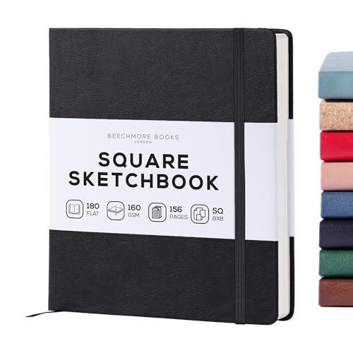 Beechmore Books Square Mixed Media Sketchbook - 8"x8" Professional Art Journal, 160 GSM / 98 lb Ivory Paper, Perforated Pages, Vegan Leather Hardcover, Lay-Flat Design for Drawing & Doodling - color: Charcoal Black, size: Square - 8" x 8"