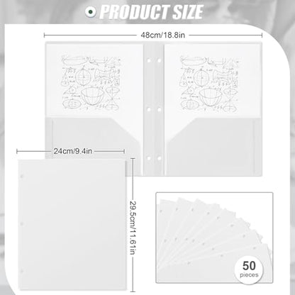 Yeaqee 50 Pcs Plastic Folders with Pockets Bulk 3 Hole Punched 2 Pocket File Folders for 3 Ring Binder Divider Folder for Notebooks, Durable Poly for Office Home (White) - color: White