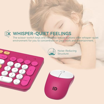 Wireless Keyboard and Mouse Combo, 2.4GHz Colorful Cute Round Keycaps Keyboard for Office Computer PC Desktops Laptop (96 Keys Rose Red) - color: 96 Keys Rose Red