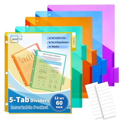 Binditek 5-Tab Binder Dividers with One Front Pocket, Fits Standard 3-Ring Binder, Large Pocket, Insertable Tabs for Quick Organization, Multicolor, 12 Sets (60 Pack) - size: 12 Set