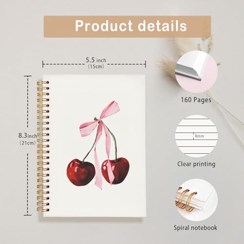 Cute Cherry Spiral Notebook,Cute Notebooks for School | Cherry Gifts for Women Journal,Fruit Lover Gifts,Coquette School Supplies for Women Girls, 5.5x8.3 Inch - color: Cherry - Pink bow 3