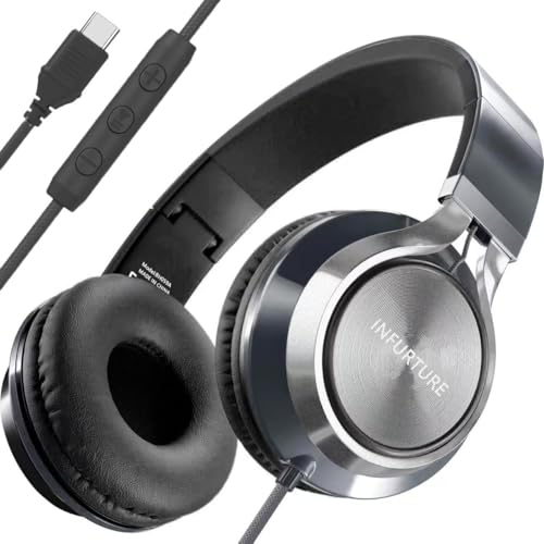 INFURTURE USB C Headphone for Kids & Adults Over-Ear Headphone with HD Mic | Adjustable Type C Headphones for School,Comfort Ear Cups,Hi-Fi Stereo,Cord for iPhone,iPad,Tablet,Laptop,Travel - Black - color: Black
