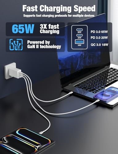 Hzevn 2Pack 65W USB C Wall Charger Block, 3-Port 100W USB C Charging Adapter,Multi Super Fast Charging Power Plug Cube for MacBook Pro/Air,i-Pad Pro,i-Phone 16/15, Galaxy S25，White and Black - color: Black+White