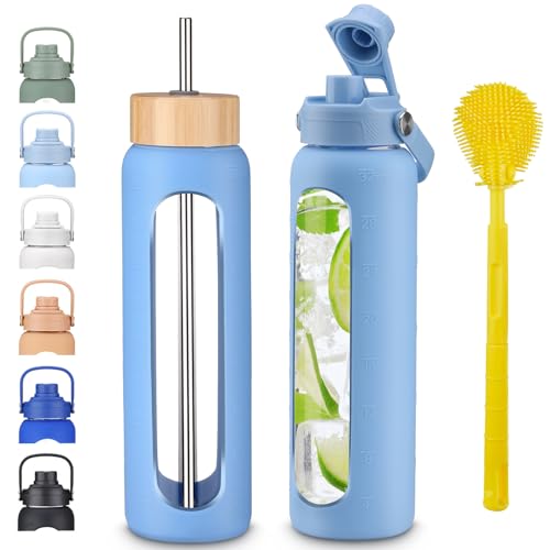 32 oz 1L Borosilicate Glass Water Bottle with Bamboo Lid, Stainless Steel Straw, 2 Leak-Proof Lids, Silicone Sleeve, BPA Free for Gym, Office, Home & Travel - color: Sky Blue, size: 32 Ounces