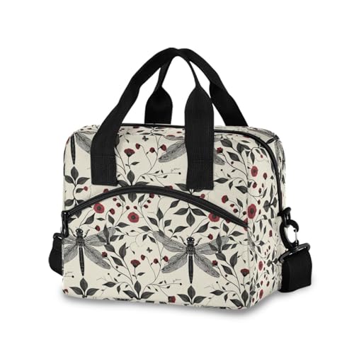 ALAZA Dragonfly Red Flowers Insulated Lunch Bag Women Men Portable Reusable Cooler Lunch Tote Bag for Work Office Picnic College - color: Multi 11
