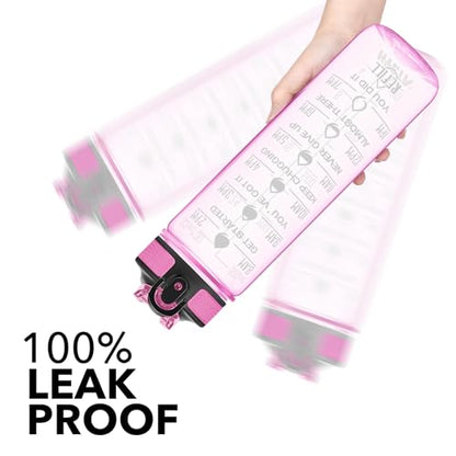 Hyeta Water Bottle with Straw & Time Marker, Plastic 32oz Leakproof | Motivational Tritan BPA Free Gym Office Outdoor Intake Tracker Hourly Reminder Straw Lid Carry Strap - color: Clear Pink