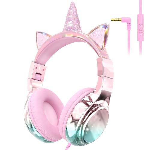 QearFun Unicorn Kids Headphones with Cord, Wired Headset for Kids Girls Boys with Mic, 85/94dB Volume Limit, Foldable Over-Ear 3.5mm On-Ear Design, Sharing Port for School, Chromebook, Tablet, Travel - color: Unicorn Pink