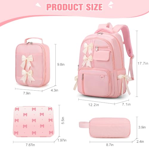 Bevalsa Backpack for Girls, Bow Kids Backpack with Bento Lunch Box, Insulated Bag & Utensils, 34oz Lunch Containers, Cute School Bookbag for Girls Children Teens for Elementary Middle Student (Pink) - color: Pink