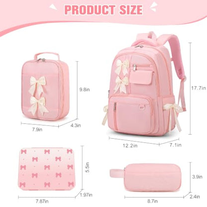 Bevalsa Backpack for Girls, Bow Kids Backpack with Bento Lunch Box, Insulated Bag & Utensils, 34oz Lunch Containers, Cute School Bookbag for Girls Children Teens for Elementary Middle Student (Pink) - color: Pink