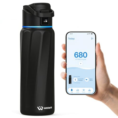 WaterH BOOST Smart Water Bottle Tracker with Reminder to Drink Water, 32oz | Double Wall Vacuum Insulated Stainless Steel, BPA-Free, Leakproof, Smart App Tracking, Travel-Friendly Wide Mouth for Office - color: Black, size: 32 Ounces
