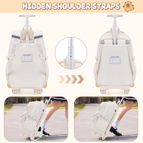Capybara Rolling Backpack for Girls - 3PCS Girls Backpack Kids Suitcase with Lunch Box & Pencil Case Travel - Capybara Backpack with Wheels for Kindergarten Preschool Elementary (Beige) - color: Beige