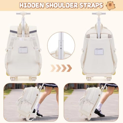 Capybara Rolling Backpack for Girls - 3PCS Girls Backpack Kids Suitcase with Lunch Box & Pencil Case Travel - Capybara Backpack with Wheels for Kindergarten Preschool Elementary (Beige) - color: Beige