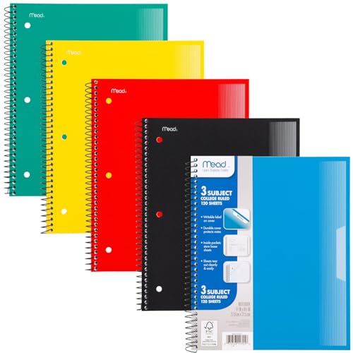 Mead Spiral Notebook, 5 Pack, 3 Subject, College Ruled Paper, Plastic Cover, 8-1/2" x 11", 120 Sheets per Notebook, Black, Red, Blue, Green and Yellow (820315A-ECM) - style: College Ruled