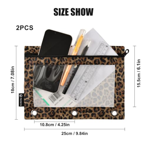 Binder Pencil Pouch for 3 Ring Binder Pencil Case Bags Cheetah Leopard Print Animal with Zipper Clear Window 2 Pack - color: Cheetah Leopard Print Animal