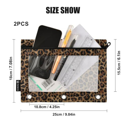 Binder Pencil Pouch for 3 Ring Binder Pencil Case Bags Cheetah Leopard Print Animal with Zipper Clear Window 2 Pack - color: Cheetah Leopard Print Animal