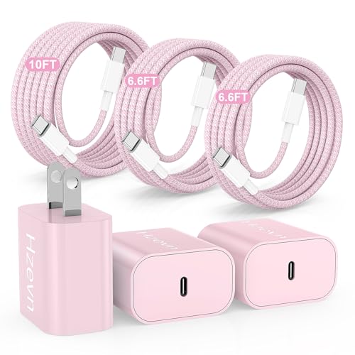 20W USB C Fast Charging for iPhone 17 Air/16/15 Pro Max,3Pack Colorful Mixed Charger Block with Braided Long USB C to C Cables (6/6/10ft) Compatible with iPhone16/15 Pro/15 Plus/iPad Pro - color: Pink, size: 20w(6+6+10)ft