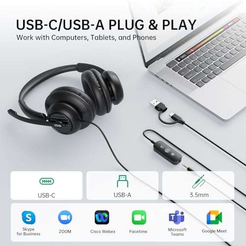 EKSA H8 USB Headset with Microphone for Work, Stereo Wired Computer Headphones with Mic Noise Cancelling, in Line Controls, 3.5mm Jack USB-C/A Over-Ear Headset for PC Laptop Office Call Center Teams