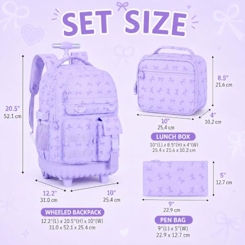 WZLVO 3PCS Girls Rolling Backpack, Water Resistance Roller Bookbag, Women Aesthetic Wheeled School Bag Set with Lunch Box & Pencil Bag for Teens & Kids - Purple Bow - color: 3pcs Girls Rolling Backpack - Purple Bow