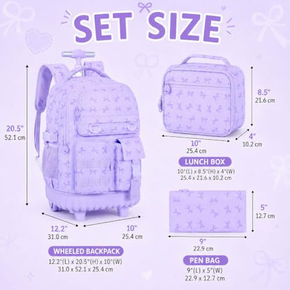 WZLVO 3PCS Girls Rolling Backpack, Water Resistance Roller Bookbag, Women Aesthetic Wheeled School Bag Set with Lunch Box & Pencil Bag for Teens & Kids - Purple Bow - color: 3pcs Girls Rolling Backpack - Purple Bow