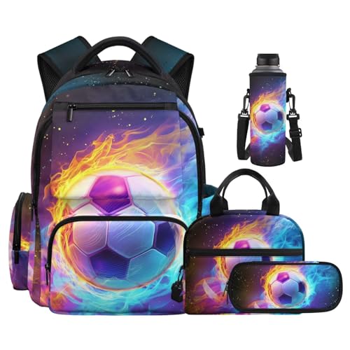 Flaming Soccer Backpack for Boys Girls 4-18 Kids Backpack with Lunch Box and Aesthetic Pencil Case 4 in 1 Set Bookbag for Elementary Kindergarten Large Capacity School Bag with Compartments - color: Flame Soccer