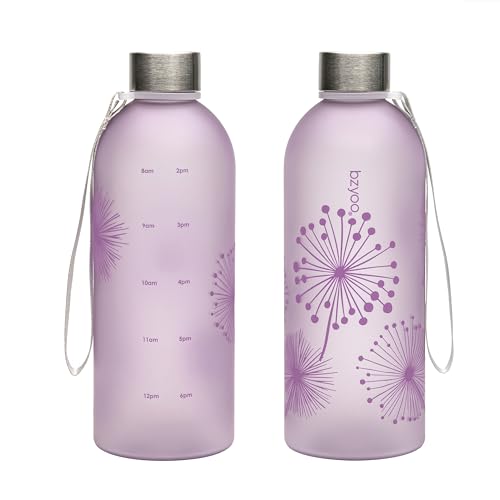 bzyoo 32oz 1 Liter Clear Water Bottle with Time Marker, Dandelion Design, Durable Plastic, BPA-Free, Reusable with Measurement Markings for Fitness and Outdoor Activities (Color: Purple) - color: Dandelion Purple