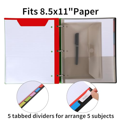 Pivotable Refillable Notebook, 1 Inch 3 Ring Notebook Binder, 50 College Ruled Paper, 5 Subject Notebook with Dividers and Folder Pockets, Tabs- Red - color: Red, size: 1 PCS
