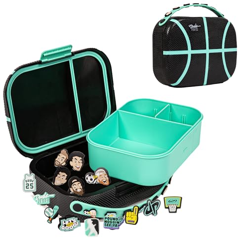 Dude Perfect Bento Box | Leak Proof Lunch Box with Snap Tight Lid | Black | | Removable Inner Tray and Adjustable Divider | Rare Charms for Custom Carry Strap | 3 Compartments | Sports Kids - color: Black, size: 12 cubic inch Lunch Box