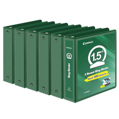 COMIX 3 Ring Binder 1.5 inch with Clear View Cover, 1.5" View Binder Holds 300 Sheets of US Letter Size Paper, 6 Pack (Green) - color: Green, size: 1.5 inch, style: 6-Pack