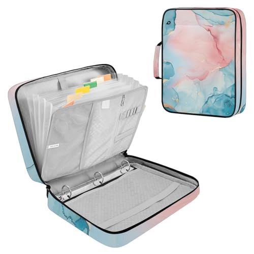 ALAZA Blue Teal Pink Marble Zipper Binder with Handle, 7-Pocket Expanding File Folder, Detachable 3-Ring Binder, File Organizer for Home Office Work A4 Letter Size Paper Document