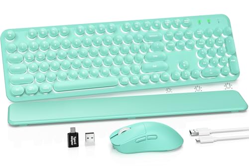 Wireless Keyboard and Mouse Combo, Backlit Round Keycaps, Retro Typewriter Keyboard with Detachable Wrist Rest, Rechargeable & Tilt Legs, 2.4GHz Cordless Connection for Windows/PC (Glowing Turquoise) - color: Glowing Turquoise