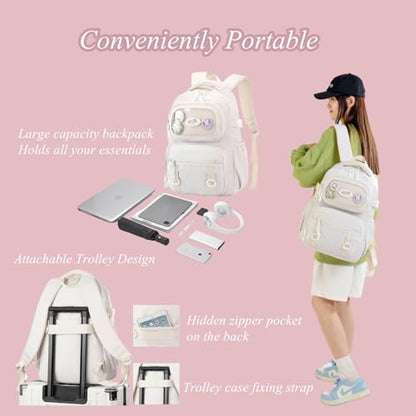 Mfikaryi Rolling Backpacks for Girls Plain School Backpack Cute Girls Backpack with Wheels - color: 5a# White-6 Wheels
