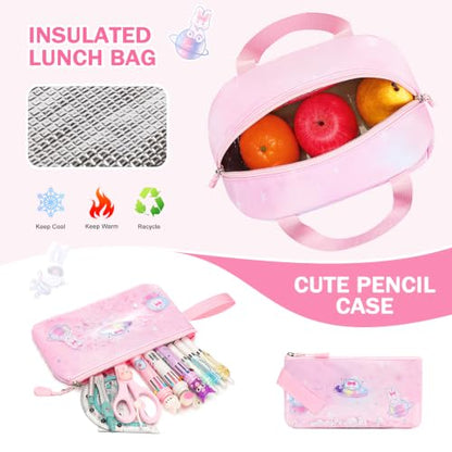 FIXITOK Rolling Backpack for Girls, Kawaii Bunny Roller Wheels School Backpacks with Lunch Bag Pencil case, Wheeled Suitcase Bookbag for Elementary Travel Dreamy-Pink - color: Dreamy-pink