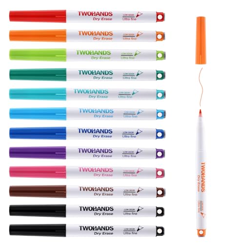 TWOHANDS Magnetic Dry Erase Markers Ultra Fine Tip,Extra Fine Point Thin Whiteboard Markers with Eraser for Office,Home or Planning, Fine Point Low Odor,11 Assorted Colors,0.7mm,12 Count,20659 - style: Magnetic Colored
