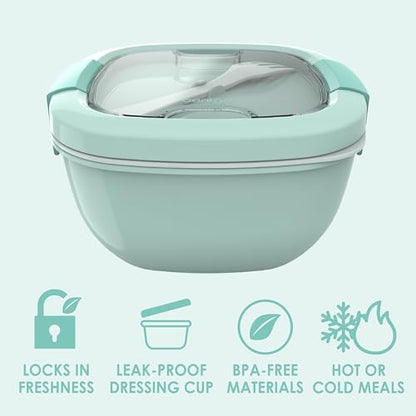 Bentgo Salad Container - 54 oz Bowl with 4-Compartment Toppings Tray, Leak-Proof Dressing Container, Reusable Fork, BPA-Free Lunch Box for Meal Prep & Food Storage; Removable Bento Tray (Coastal Aqua) - color: Coastal Aqua