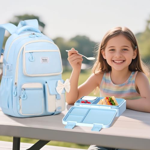 Bevalsa Backpack for Girls, Bow Bookpack with Bento Lunch Box, Insulated Bag & Utensils, 34oz Lunch Containers School Bags Set for Children Teens Kids Elementary Middle school Student (Pink) - color: Blue
