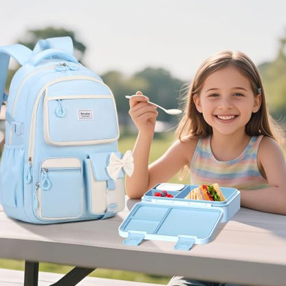 Bevalsa Backpack for Girls, Bow Bookpack with Bento Lunch Box, Insulated Bag & Utensils, 34oz Lunch Containers School Bags Set for Children Teens Kids Elementary Middle school Student (Pink) - color: Blue