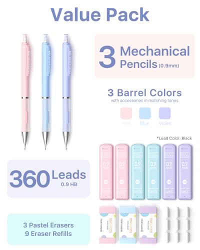 Four Candies 0.9mm Cute Mechanical Pencil Set, 3-Pack with Storage Case | 360 Leads, 3 Erasers+9 Refills, Pink/Purple/Blue Barrels, Non-Slip Grip, Bold Lines for Notes, Sketching & Marking - style: 0.9mm