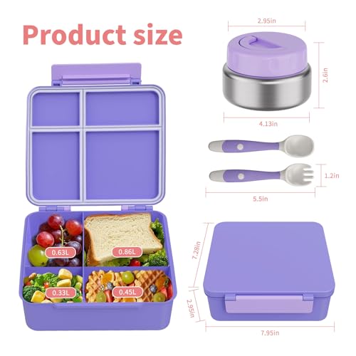 Bento Box for Kids with Thermo Food Container (9oz), 4-Compartment Lunch Box, Adjustable Divider, Leakproof Bento Lunch Box, Includes Utensils & Carry Bag for School, Office(Purple) - color: Pink