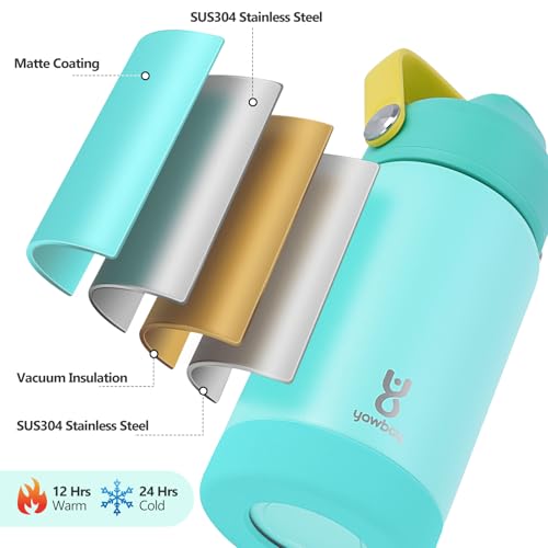Kids Insulated Water Bottle with Straw Lid & Silicone Handle,12oz Kids Leak Proof Water Bottle for School Boys Girls,Double Wall Vacuum Stainless Steel with Non-slip Silicone Base(Lake Blue) - color: Light Blue, size: 12 Ounces