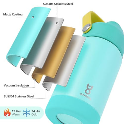 Kids Insulated Water Bottle with Straw Lid & Silicone Handle,12oz Kids Leak Proof Water Bottle for School Boys Girls,Double Wall Vacuum Stainless Steel with Non-slip Silicone Base(Lake Blue) - color: Light Blue, size: 12 Ounces