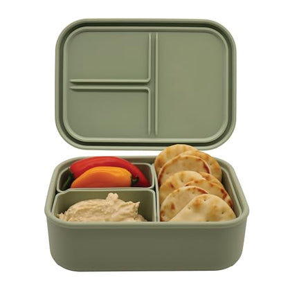 A-to-Z Supply 289-0054G Heavy Duty Silicone Bento Box with 3 Removable Compartments, BPA-Free, Leak-Resistant, Dishwasher & Microwave Safe, Ideal for Work, Travel & Meal Prep, Green - style: 3 Compartments Removable
