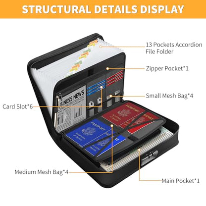 JUNDUN Fireproof Document Organizer with Lock | 13 Pockets Accordion File Organizer with Handle & Zipper, Multi-Pockets Organizer Folder for Files and More