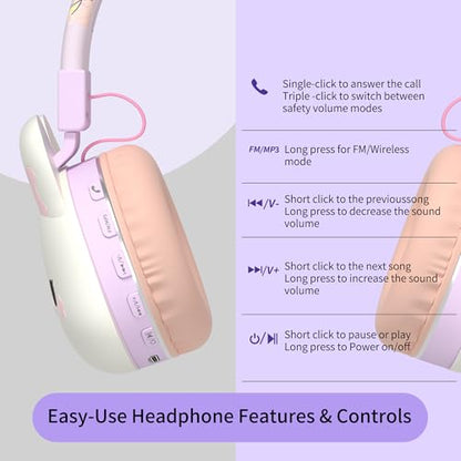 Icarer Kids Bluetooth Headphones with 85dB Volume Limiter, Bluetooth 5.4 & 20H Playtime, Ultra-Soft Foldable Over-Ear Headset with Mic, FM/TF/Wired Mode, Cute Animal Design for School Travel (Purple) - color: Purple